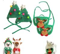 Adorable Christmas Tree Pom Pom Hat, Christmas Tree Hat and Bib for Pets, Adjustable Pet Costume Set Suitable for Small and Medium Dogs and Cats (Green+Green * 2,Large)