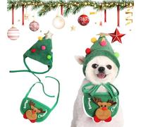 Adorable Christmas Tree Pom-Pom Hat for Dogs, Christmas Tree Hat for Dogs & Cats, Pets Photo Props Decorations Supplies, Adjustable Cat Dog Christma Collar Hats (Green Set,Small)