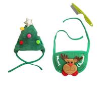 Adorable Christmas Tree Pom Pom Hat for Pets-Complete Set with Rudolph Reindeer Bib, Soft Breathable Fabric, 2 Sizes Adjustable Straps for Holiday Photos/Gatherings (1set-A,Small)