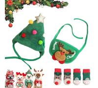 Adorable Christmas Tree Pom-Pom Hat for Small Dogs(Free cute pet socks), New Adjustable Christmas Sets, Christma Tree Hat for Pets, for Small Dogs Cats Pets Santa Gifts (A,S)