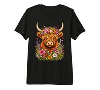 Adorable Colorful Floral Highland Cow Premium T-Shirt