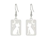 Adorable Crescent Moon Cat Earrings Dangle for Women Mom Stainless Steel Animals Jewellery Gifts Statement Kitten Pets Accessories Charms (Silver Plated)