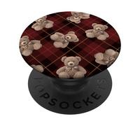 Adorable Cute Bear Red Brown Plaid Cozy Winter Pattern PopSockets Swappable PopGrip