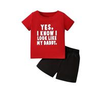 Adorable Cute Soft Toddler Boys Cartoon Dinosaur Print T-Shirt Elastic Waist Shorts, Two-Piece Summer Spring Playful Casual Outfit Set Infant Party #D Red