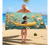Adorable Dachshund Beach Towel Yellow Boat Print Cartoon Summertime Decorative Quick Dry Microfiber Sand Free Oversized Lightweight Towel, Travel Pool Picnic Essentials 70x35 Inch