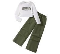 Adorable Fashionable Girls Two Piece Tracksuit Set Long Sleeve Sweatshirt Top Cargo Jogger Pants Outfit Combination, Children Comfortable Soft Nice Casual #D Green