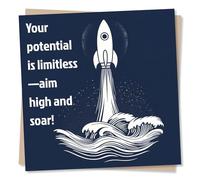 Adorable Good Luck or Support Card For A Loved One - Limitless Potential, Aim High - Exams, Job, Travel - Spaceship - For a Special Someone, Friend, Bestie, Relative, Partner, Child, Grandchild