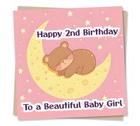 Adorable Happy 2nd Birthday Card For a Beautiful Baby Girl - Second, Two - Bear, Moon, Stars - For a Daughter, Child, Grandchild