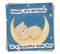 Adorable Happy 3rd Birthday Card for a Beautiful Baby Boy - Third, Three - Bear, Moon, Stars - for a Son, Child, Grandchild