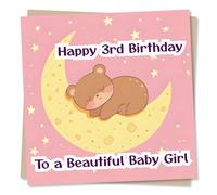Adorable Happy 3rd Birthday Card for a Beautiful Baby Girl - Third, Three - Bear, Moon, Stars - for a Daughter, Child, Grandchild