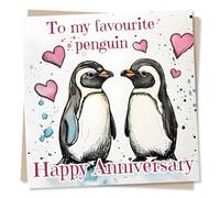Adorable Happy Anniversary Card for Loved One - Penguins, Love - My Favourite Penguin - for Partner, Boyfriend, Girlfriend, Husband, Wife