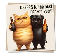 Adorable Happy Anniversary or Birthday Card for A Loved One or Special Someone - Cheers The Best Person Ever - Dog and Cat, Beer, Drinking - for Your Special Someone, Bestie, Partner, Husband, Wife