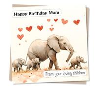 Adorable Happy Birthday Card For a Special Mum From Children - Elephants with Kids, Heart, Heartfelt - Mother/Daughter/Son - For Your Loved One, Mummy, Mama, Family, Relative