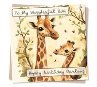 Adorable Happy Birthday Card For A Wonderful Son - Giraffe, Animals, Jungle - Heartfelt, Sweetheart, Darling - For a Special Someone, Child - From a Parent, Mother, Father