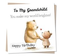 Adorable Happy Birthday Card For Grandchild - Love, Heartfelt - From a Grandparent, Grandmother, Grandfather - Bear, Heartfelt - You Make My World Brighter - For Grandson, Granddaughter