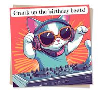 Adorable Happy Birthday Card For Loved One - Cat, DJ, Music, Animal Lover - Crank Up The Birthday Beats - For Daughter, Son, Child, Grandchild, Kid