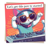 Adorable Happy Birthday Card For Loved One - Cat, DJ, Music, Animal Lover - Let's Get This Paw-ty Started - For Daughter, Son, Child, Grandchild, Kid