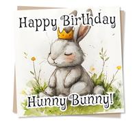 Adorable Happy Birthday Card For Loved One - Cute Fluffy Bunny, Rabbit, Golden Crown, Animal Lover - Happy Birthday Hunny Bunny! - For Daughter, Son, Child, Grandchild, Best Friend, Partner, Relative