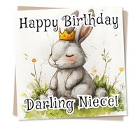 Adorable Happy Birthday Card For Niece - Cute Fluffy Bunny, Rabbit, Golden Crown, Animal Lover - Happy Birthday Darling Niece - For Relative