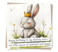 Adorable Happy Birthday Card For Niece - Cute Fluffy Bunny, Rabbit, Golden Crown, Animal Lover - Happy Birthday To My Darling Niece-Our Little Queen Of Mischief And Magic! - For Relative