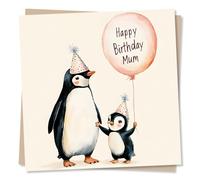 Adorable Happy Birthday Card For Your Mum - Penguin, Animal Lover - Balloons - Celebration - For Your Loved One, Special Someone, Mother, Mama, Mummy