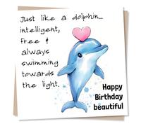 Adorable Happy Birthday Dolphin Card For A Loved One - Playful, Animal, Heart, Heartfelt, Nature - For a Special Someone, Family, Friend, Relative, Teacher, Partner