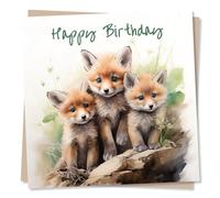 Adorable Happy Birthday Fox Triplets Card - Foxes Greetings Card For Friend, Mum, Husband, Wife, Someone Special - Made in UK