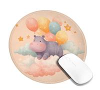 Adorable Hippo with Balloons Mouse Pad, Soft Pastel Colors Cute Animal Design Stitched Edge Mousepad, Rubber Non-Slip Washable Desk Mouse Pad for Home and Office Round 8x8 Inch