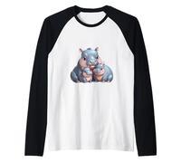 Adorable Hippopotamus Parent and Two Babies Raglan Baseball Tee
