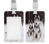 Adorable Huskies ID Badge Holder Waterproof Card Protector Push-Pull Slot Work ID Card Holder with Lanyard Personalized Detachable Card Holders for Office Corporate Use