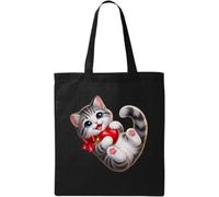 Adorable kitten holding shiny red heart Natural Cotton Tote Bag Black