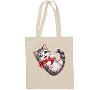 Adorable kitten holding shiny red heart Natural Cotton Tote Bag White
