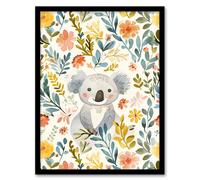 Adorable Koala Bear in Floral Meadow Watercolour Framed Wall Art Artery8 Multi A4