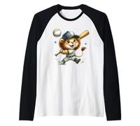 Adorable Lion Cub Baseball Batter Running Playful Raglan Baseball Tee