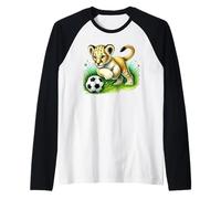 Adorable Lion Cub Kicking Soccer Ball Design Raglan Baseball Tee