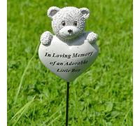 Adorable Little Boy Teddy Bear Heart Memorial Tribute Stick Graveside Plaque