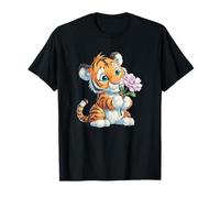 Adorable Little Tiger with Pink Spring Flower T-Shirt