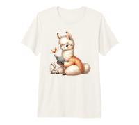 Adorable Llama Reading Book with Bunny and Bird Premium T-Shirt