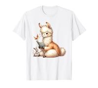 Adorable Llama Reading Book with Bunny and Bird T-Shirt