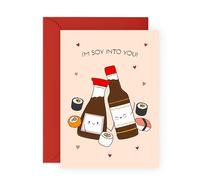 Adorable Love Card- I'm Soy Into You Card - Cute Sushi Anniversary, Valentine's Day Ideas for Her, Him, Wife, Husband, Girlfriend, Boyfriend, Spouse, Partner, Fiance - Comes with Fun Stickers