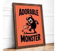 Adorable Monster Vintage Framed Wall Art Print A1 (84.1×59.4cm) Walnut, Wall Decor for Living Room, Bedroom, Office & Home, Ready to Hang, Art Gift