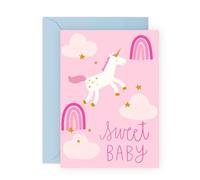 Adorable New Baby Greeting Card -Sweet Baby Unicorn & Rainbow - Surprise for Family, Mum, Dad, Colleagues, Children, Relatives - Gender Neutral Baby Shower, Newborn Girls - Comes with Stickers