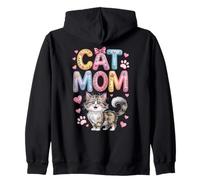 Adorable Norwegian Forest Cat Mom with Hearts and Paw Print Zip Hoodie