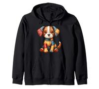 Adorable Patchwork Dog Cozy Cottagecore Folk Art Zip Hoodie