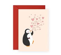Adorable Penguin Love Card - Romantic Love Card for Him, Her, Women, Men, Wife, Husband, Girlfriend, Wife for Anniversary, Birthday or Valentines Day - Blowing Hearts - Comes with Stickers