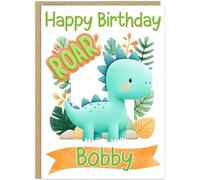 Adorable Personalised Dinosaur Birthday Card - Children's Custom Name Added Watercolour Dino with Balloons & Cake - Boys Girls Kid's Dino Party Greetings Card (Design 9)