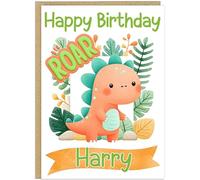 Adorable Personalised Dinosaur Birthday Card - Children's Custom Name Added Watercolour Dino with Balloons & Cake - Boys Girls Kid's Dino Party Greetings Card (Design 7)