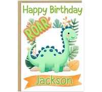 Adorable Personalised Dinosaur Birthday Card - Children's Custom Name Added Watercolour Dino with Balloons & Cake - Boys Girls Kid's Dino Party Greetings Card (Design 13)