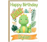 Adorable Personalised Dinosaur Birthday Card - Children's Custom Name Added Watercolour Dino with Balloons & Cake - Boys Girls Kid's Dino Party Greetings Card (Design 5)