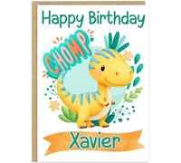 Adorable Personalised Dinosaur Birthday Card - Children's Custom Name Added Watercolour Dino with Balloons & Cake - Boys Girls Kid's Dino Party Greetings Card (Design 8)